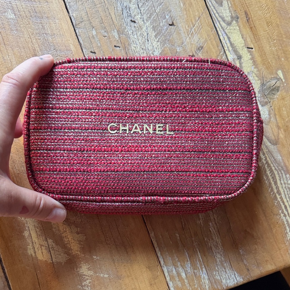 CHANEL Burgundy Woven Clutch cosmetic bag